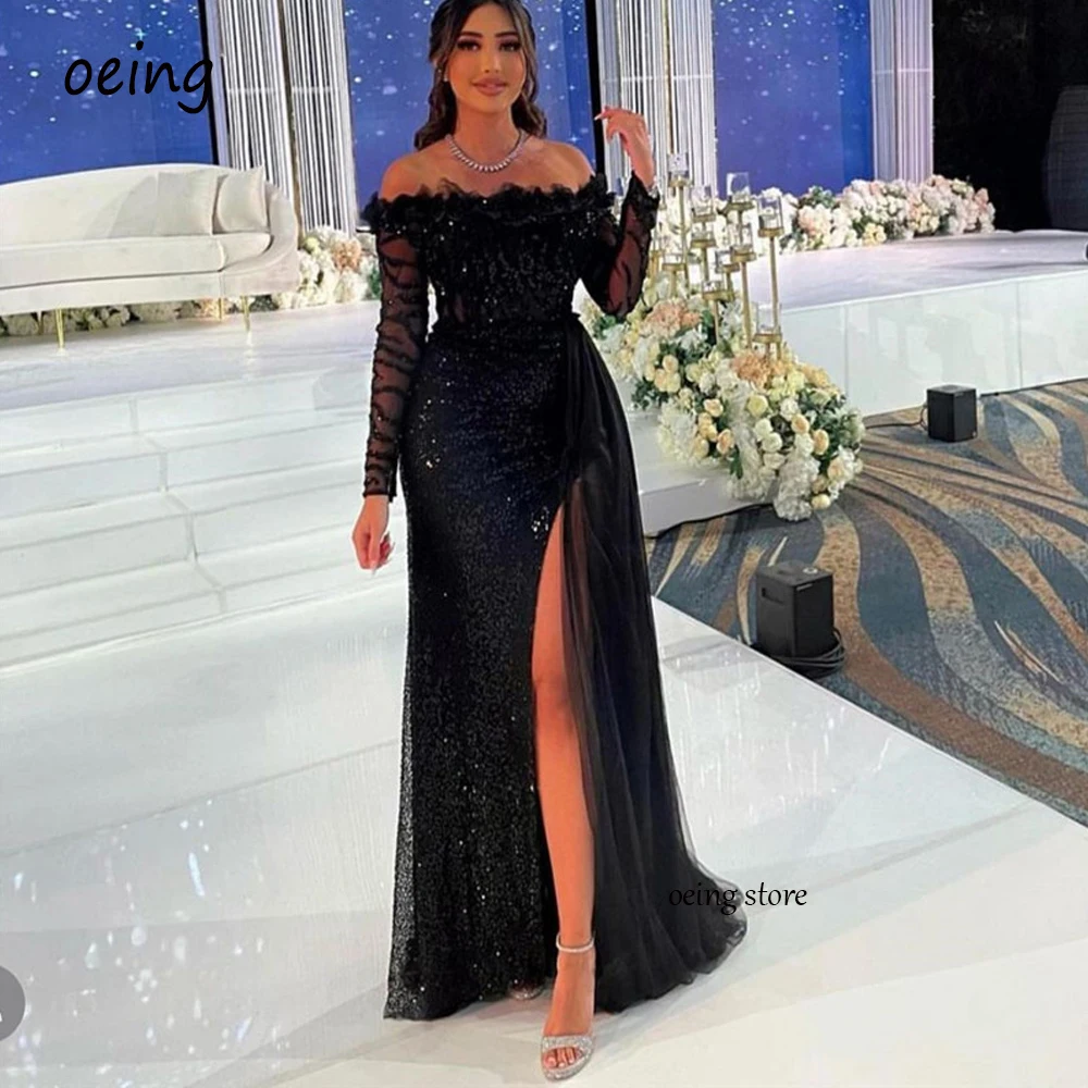 Top Trends: OEING Sparkly Black Sequin Evening Dresses Off The Shoulder Long Sleeves Side Slit Dubai Women Prom Gowns Formal Party Dress Shoppable Styles