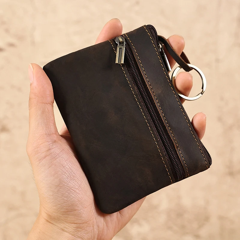 Top Trends: Vintage Crazy Horse Leather Men Coin Purse Genuine Leather Zipper Coin Wallet Retro Key Holder Small Money Bag Clutch Bag Short Shoppable Styles