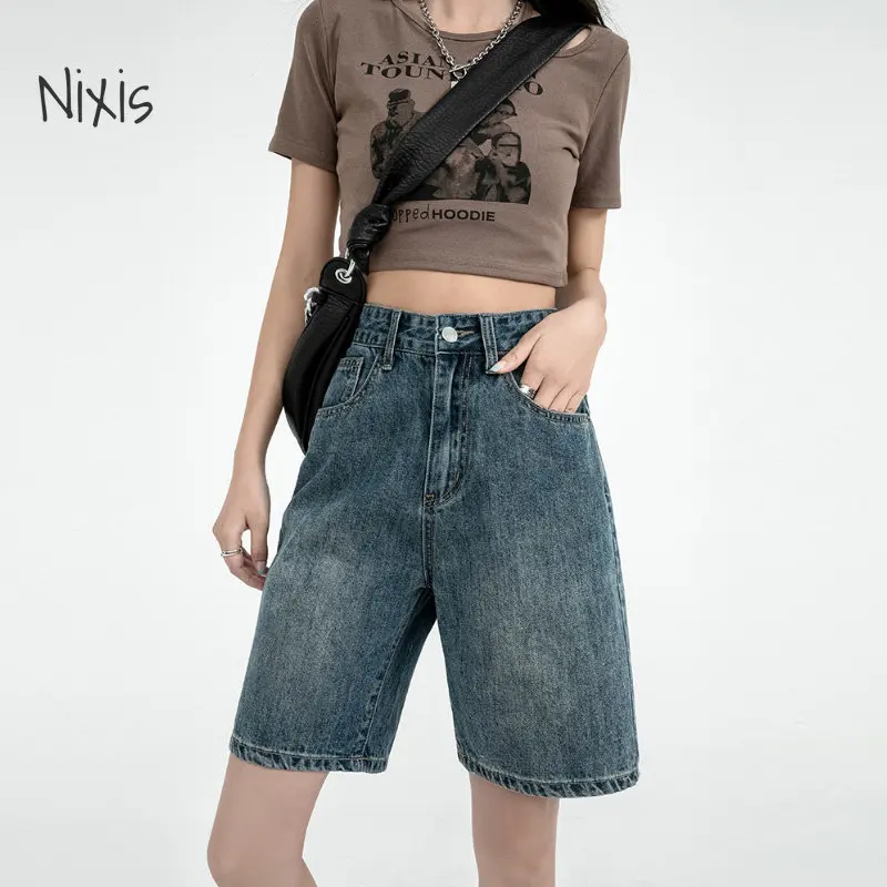 Top Trends: Retro Denim Shorts For Women Summer 2023 High Waist Five-point Pants Loose Straight A-line Half Pants Korean Style Clothing Shoppable Styles