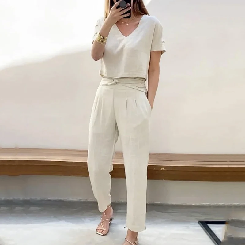 Top Trends: LIYONG 2 Piece Set Women Autumn Casual Solid V Neck Short Sleeve Pullover Top Loose With Pockets Pants Sets Loungwear For Female Shoppable Styles