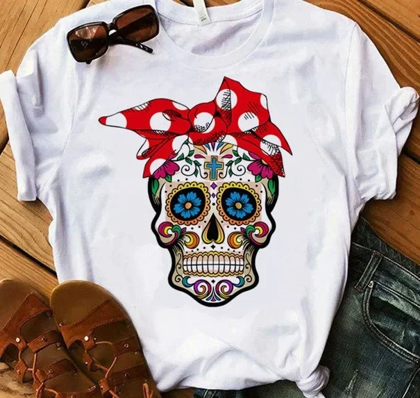 Top Trends: With Scarf Colorful Skull Head Print T Shirt Women Short Sleeve O Neck Loose Tshirt Women Causal Tee Shirt Tops Camisetas Mujer Shoppable Styles