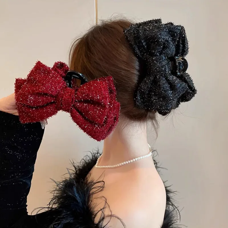 Top Trends: Elegant Solid Colour Big Bow Hair Clips Woman Ponytail Claw Clip Sparkling Clips Hairpin Girls Headdress Hair Accessories Gifts Shoppable Styles