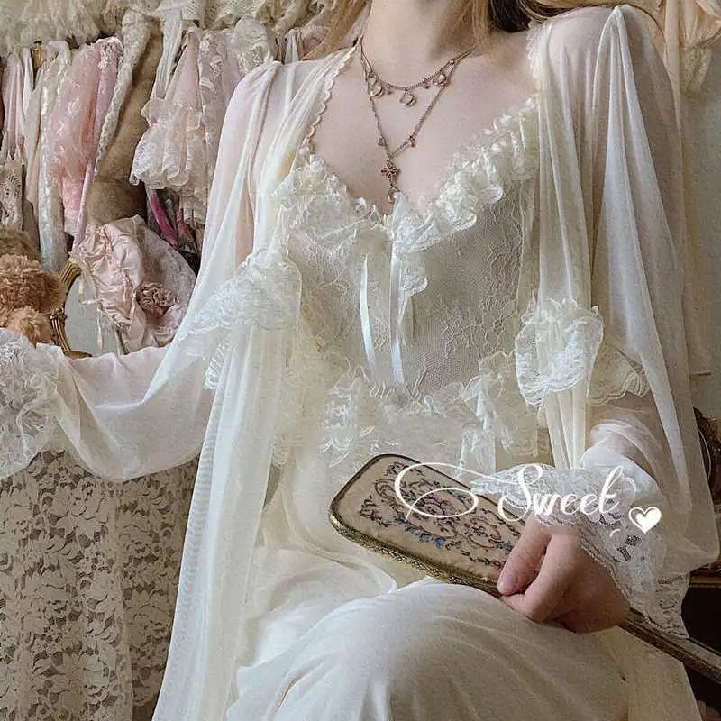 Top Trends: Lace Vintage Nightgown French Retro Court Style Ultra-thin Nightdress Dressing Gown V Neck Super Fairy Lounge Wear Home Summer Shoppable Styles