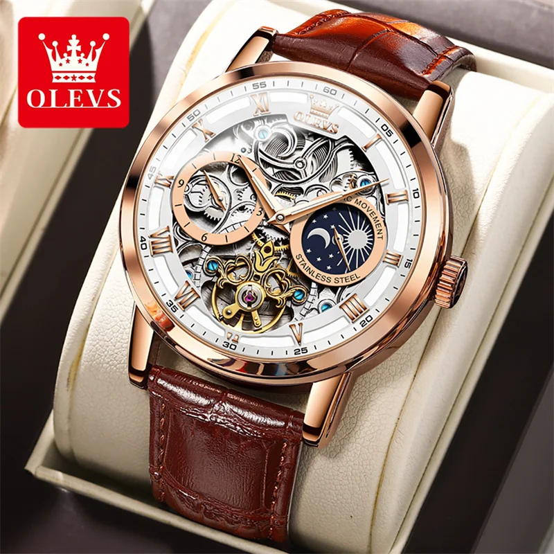 Top Trends: Watches Mens OLEVS Top Brand Luxury Casual Leather Tourbillon Mechanical Men's Watch Skeleton Automatic Clock Male Waterproof Shoppable Styles