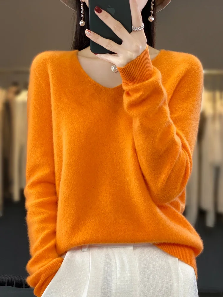 Top Trends: Women Aliselect 2023 Fashion 100% Merino Wool Sweater V-Neck Long Sleeve Basic Autumn Winter Clothing Jumper Knitwear Tops Shoppable Styles