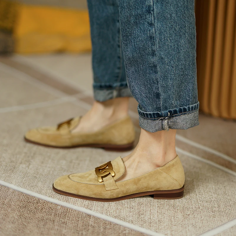 Top Trends: Women Shoes Genuine Leather Flats Loafers Round Toe Sheep Suede Metal Decor Slip-on Footwear Ladies Cozy Casual Shoes 2021 New Shoppable Styles