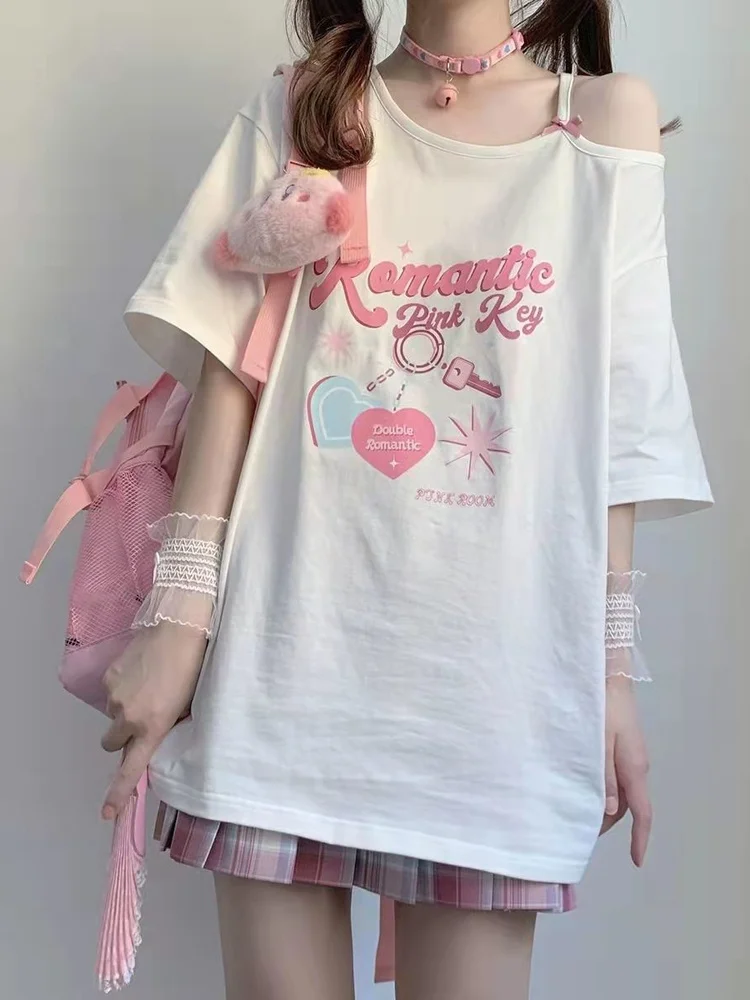 Top Trends: Deeptown Women Kawaii Off Shoulder T-shirt Harajuku Sweet Girl White Tops Y2k Aesthetic Cute Graphic Tees Japanese Fashion Shirt Shoppable Styles