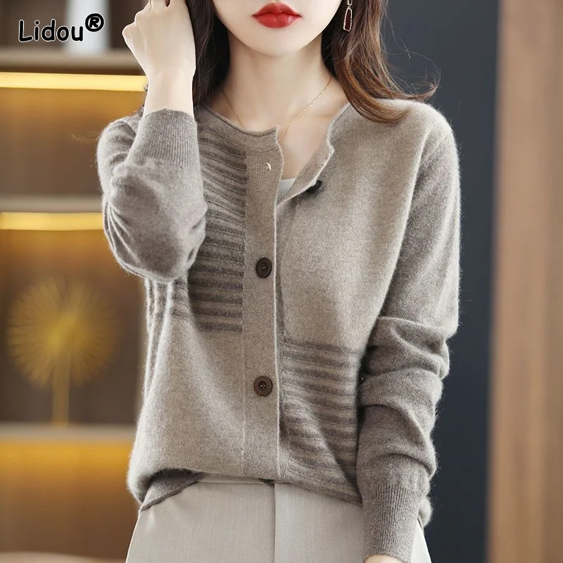 Top Trends: O-Neck SlimThick Autumn Winter Women's Clothing Vintage Striped Single Breasted Sweaters Spliced Knitting Refreshing Cardigan Shoppable Styles