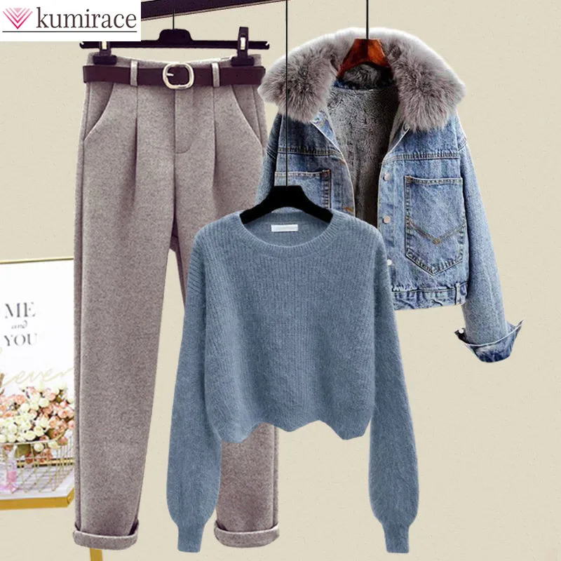 Top Trends: Winter Plush Thickened Wool Collar Denim Jacket Knitting Sweater Flocking Casual Trousers Three Piece Elegant Women's Pants Suit Shoppable Styles