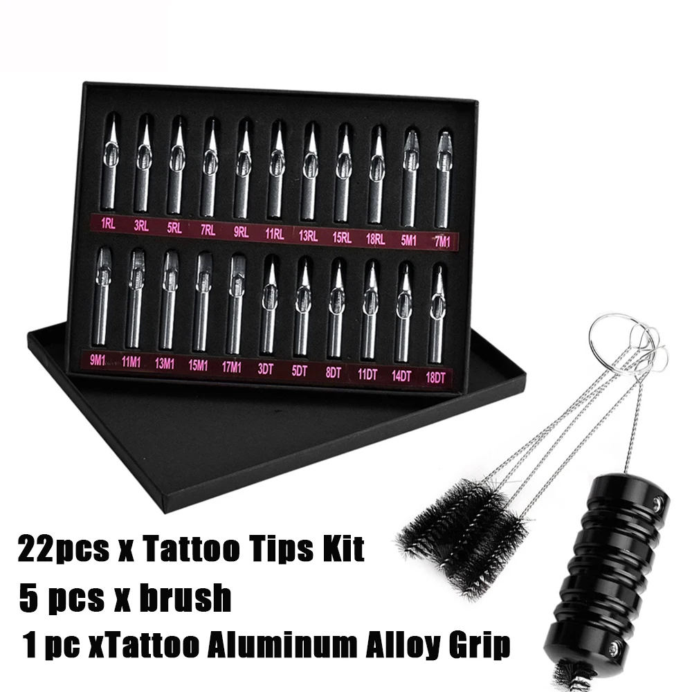 Top Trends: 22pcs Stainless Steel Tattoo Nozzle Tip With Cleaning Brush RT FT DT Mixed Tattoo Tips Kits Assorted Tip For Coil Tattoo Machine Shoppable Styles