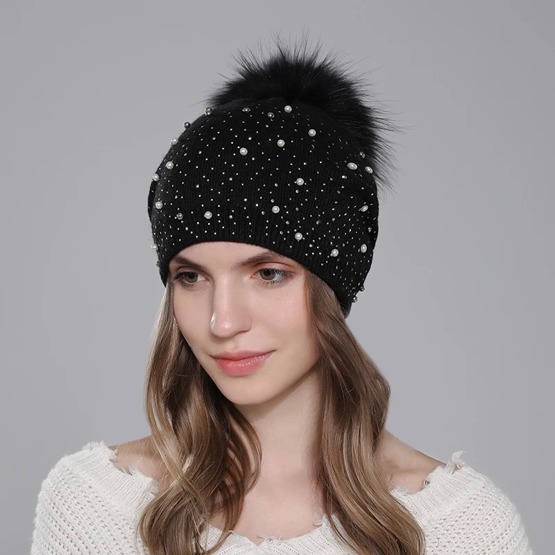 Top Trends: CNTANG Decorate Pearl Women Beanie Knitted Wool Hats Fashion Natural Raccoon Fur Pompom Hat Autumn Winter Warm Casual Ladies Cap Shoppable Styles