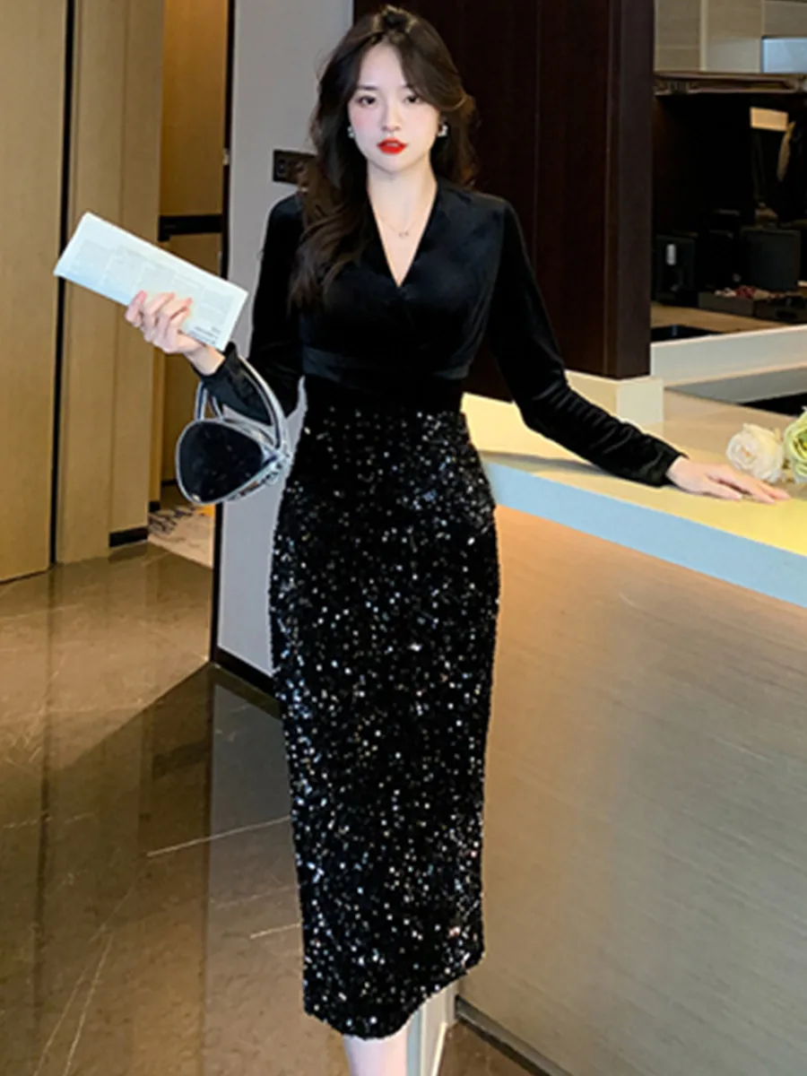 Top Trends: The Latest Elegant Formal Office Women's Dress Sequins Gold Velvet Slim Fit Long Sleeve Dress Party Wedding Deluxe Dress Shoppable Styles