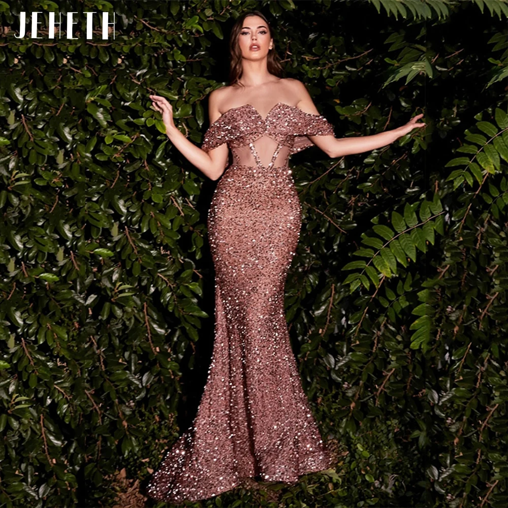 Top Trends: JEHETH Pink Elegant V-Neck Sequins Off Shoulder Evening Dress Mermaid For Women Sexy Formal Backless Illusion Prom Party Gown Shoppable Styles