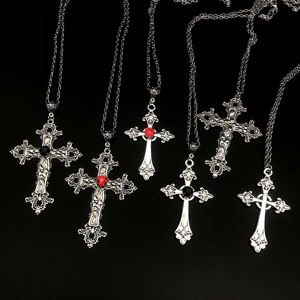 Top Trends: Large Detailed Cross Drill Pendant Jewel Necklace Silver Color Tone Gothic Punk Jewellery Fashion Charm Statement Women Gift(Red Shoppable Styles