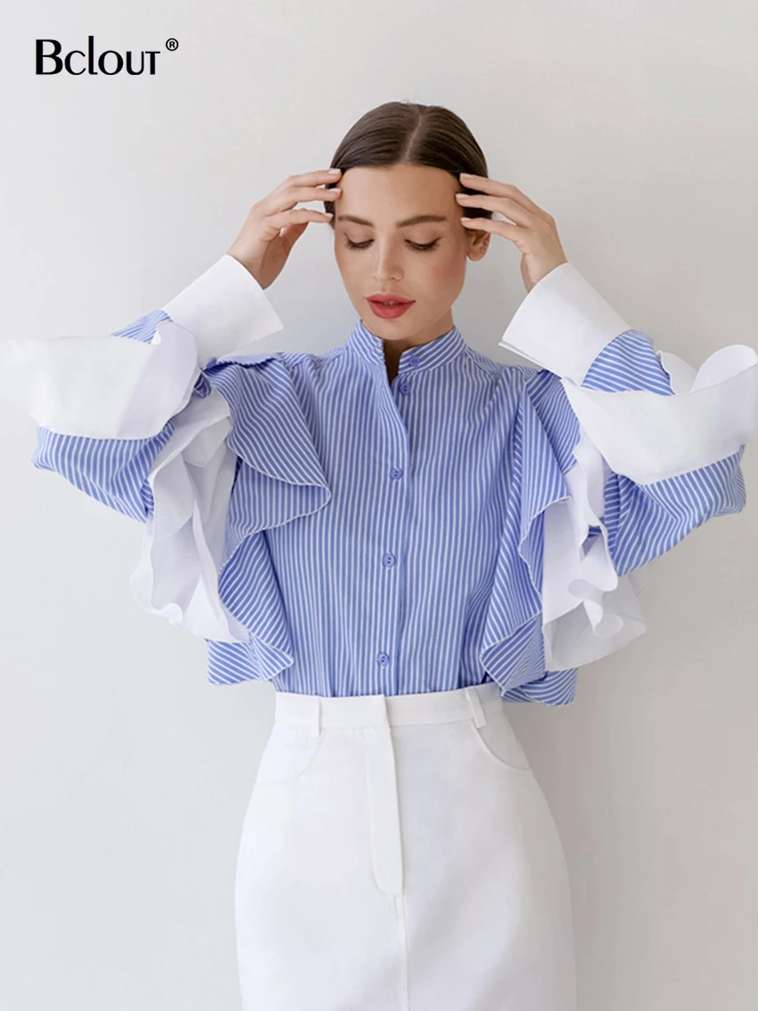 Top Trends: Bclout Autumn Blue Patchwork Shirts Women 2024 Elegant Ruffled Sleeve Office Lady Tops Fashion Striped Loose Party Blouses Chic Shoppable Styles