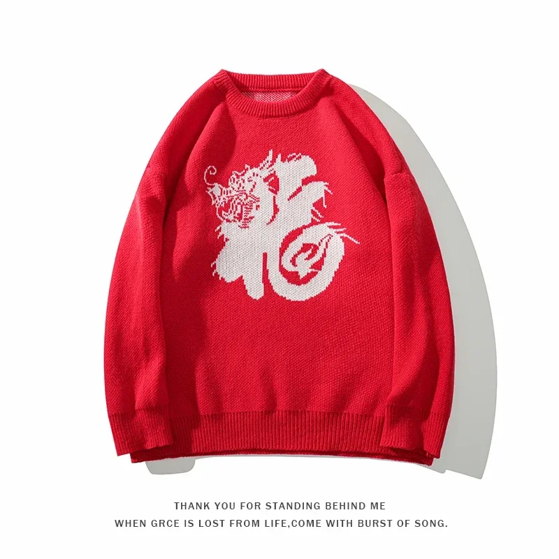 Top Trends: 2024 Red Sweater Harajuku Loose Round Neck Long Sleeve Knitwear Lucky Red Knitted Pullovers Men Women Jumper Shoppable Styles