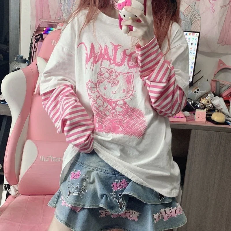 Top Trends: Sanrio Hello Kitty T Shirt Women Spring Autumn Fake Two Striped Long Sleeve T-shirt Y2k Harajuku Print Clothes Loose Student Top Shoppable Styles