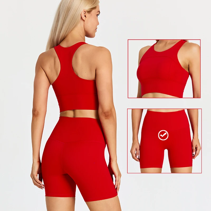 Top Trends: ABS LOLI Brushed Nylon Workout Set Women 2 Piece Racerback Sports Bra Crop Tank Top High Waist Short Leggings Set Yoga Tracksuit Shoppable Styles