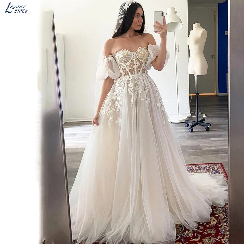 Top Trends: Boho Wedding Dresses Detachable Puff Sleeves Bones Corset Vestidos De Novia Lace Appliques Bride Gowns свадебное платье Shoppable Styles