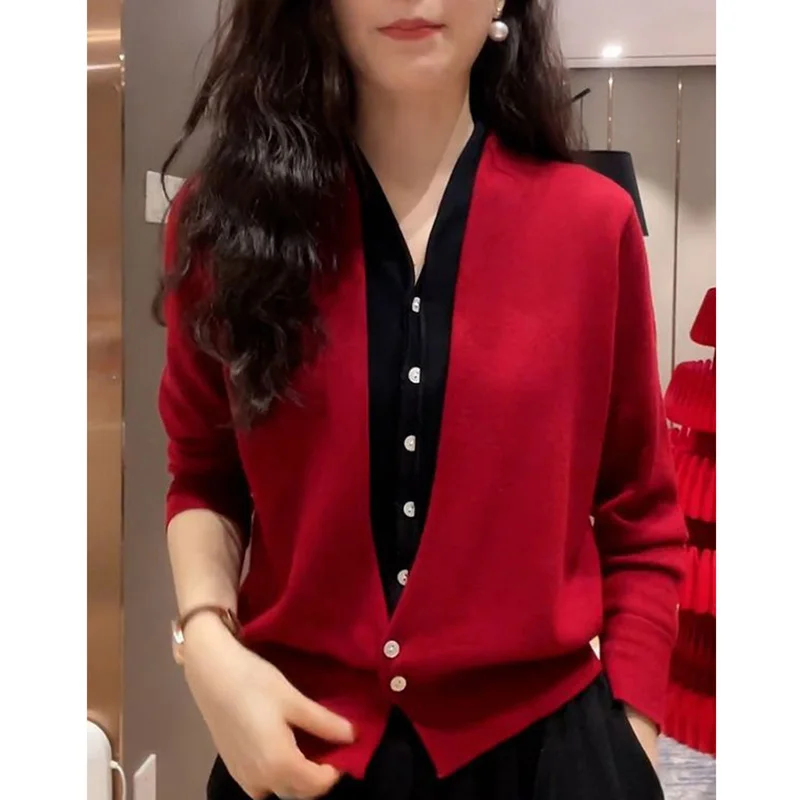 Top Trends: Fashion Loose Knitted Spliced Fake Two Pieces Sweaters Female Clothing 2023 Autumn New Casual Pullovers All-match Commute Tops Shoppable Styles