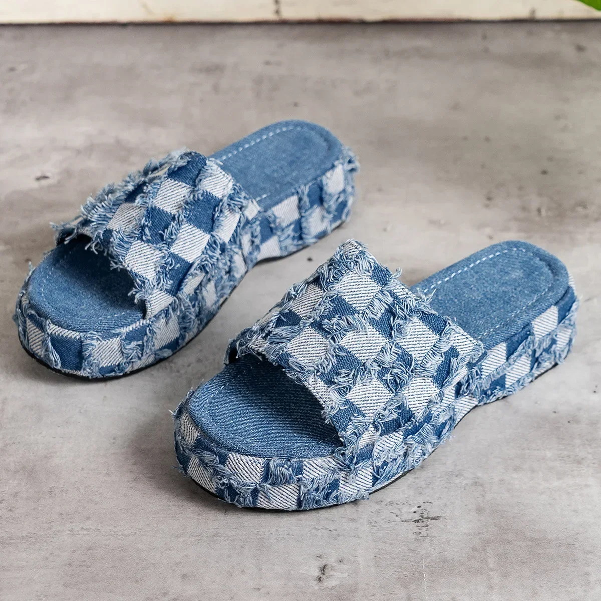 Top Trends: New Women Denim Slides Summer Sandals Women Slip On Wedges Platform Casual Open Toe Fashion Jeans Canvas Slippers Leisure Shoes Shoppable Styles - Image 6