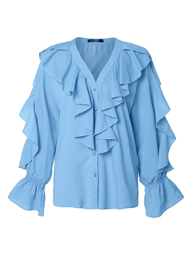 Top Trends: Celmia Women Ruffles Blouses 2023 Fashion Sexy V Neck Tops Elegant Long Sleeve Flare Cuff Shirts Casual Button Up Party Blusas Shoppable Styles - Image 5