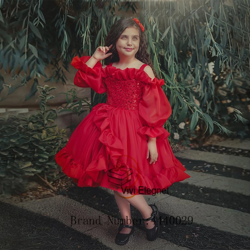 Top Trends: Romantic Red Full Sleeve Flower Girl Dresses With Sequined Fuffles Spaghetti Strap Wedding Party Gowns 2023 Knee Length Sequined Shoppable Styles