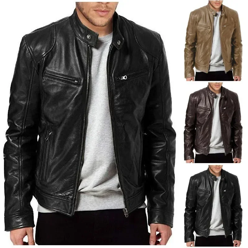 Top Trends: 2024 Fashion Mens Leather Jacket Slim Fit Stand Collar PU Jacket Male Anti-wind Motorcycle Lapel Diagonal Zipper Jackets Spring Shoppable Styles