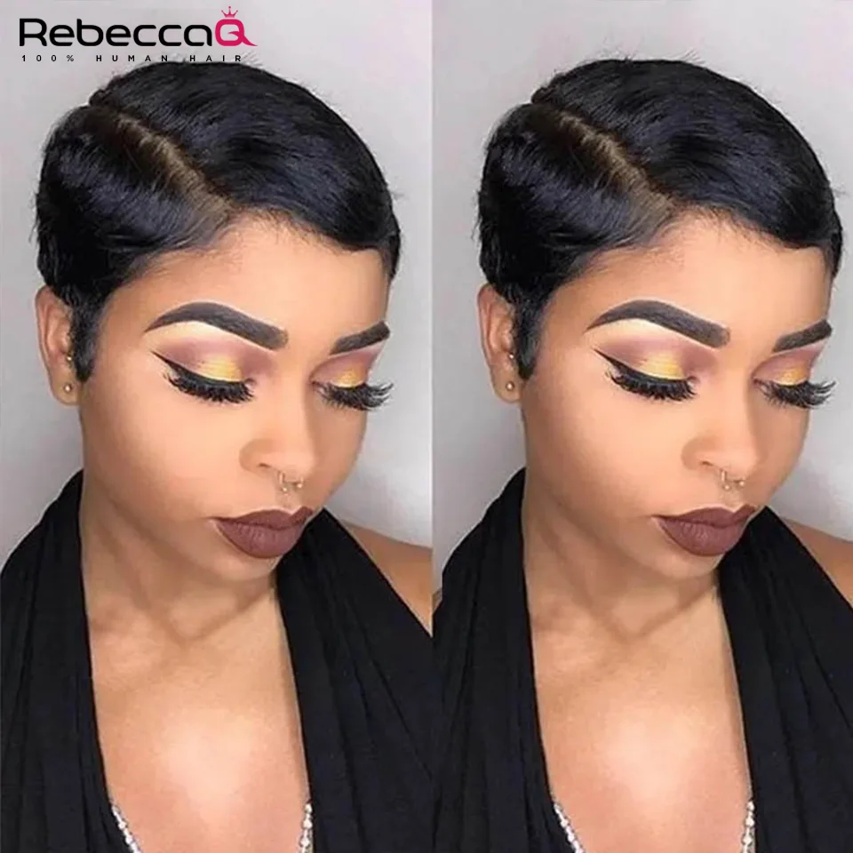 Top Trends: Rebecca Short Bob Wig Pixie Cut Wig Straight Human Hair Wigs T Part Transparent Lace Wig For Women Preplucked Hairline Wig Shoppable Styles