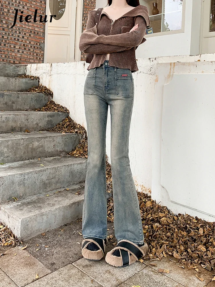 Top Trends: Jielur Autumn New High Waist Slim Women Jeans Do Old Simple Basic Flare Jeans Woman Vintage Blue Fashion Street Pants Female Shoppable Styles