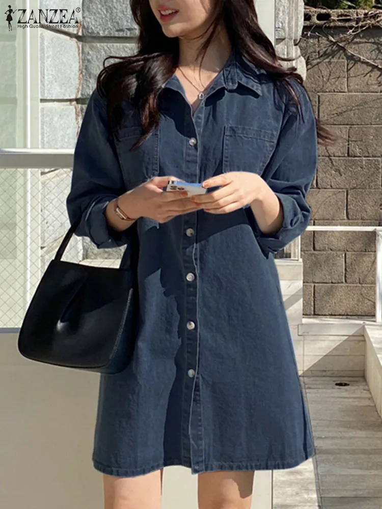 Top Trends: 2023 ZANZEA Fashion Long Sleeve Denim Dress Woman Lapel Neck Dresses Female Casual Street Sundress Autumn Elegant Party Vestidos Shoppable Styles