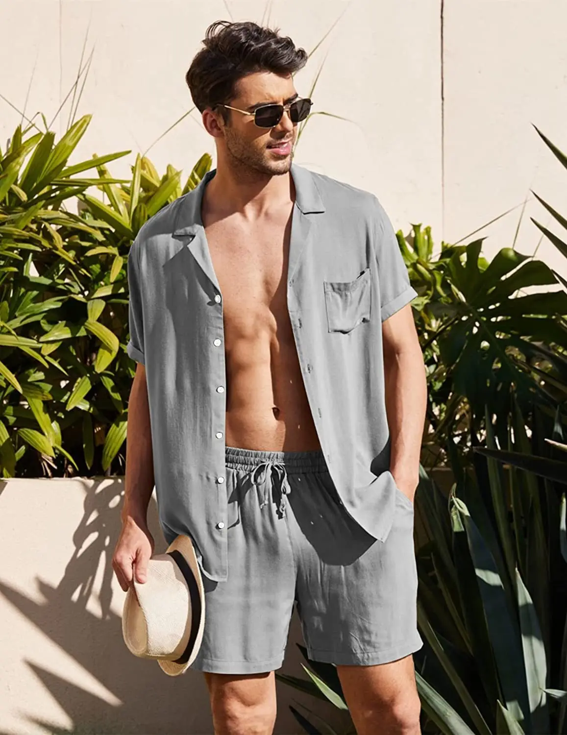 Top Trends: Summer Cotton Linen Shirt Set Men's Casual Outdoor 2-Piece Suit Andhome Clothes Pajamas Comfy Breathable Beach Short Sleeve Sets Shoppable Styles - Image 6