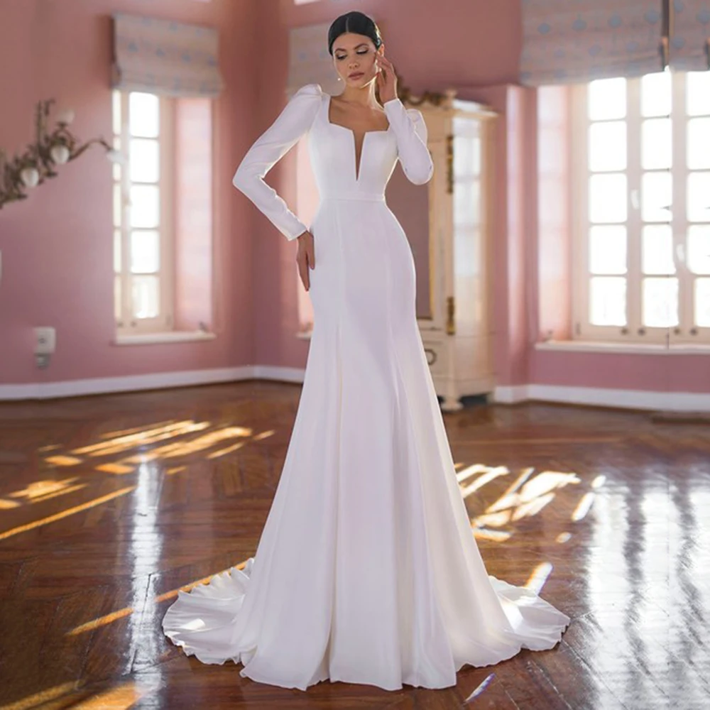 Top Trends: Sirene Elegant Mermaid Wedding Dress Long Sleeve Bow Backless Simple Spandex Bride Gown With Detachable Train Vestido De Noiva Shoppable Styles