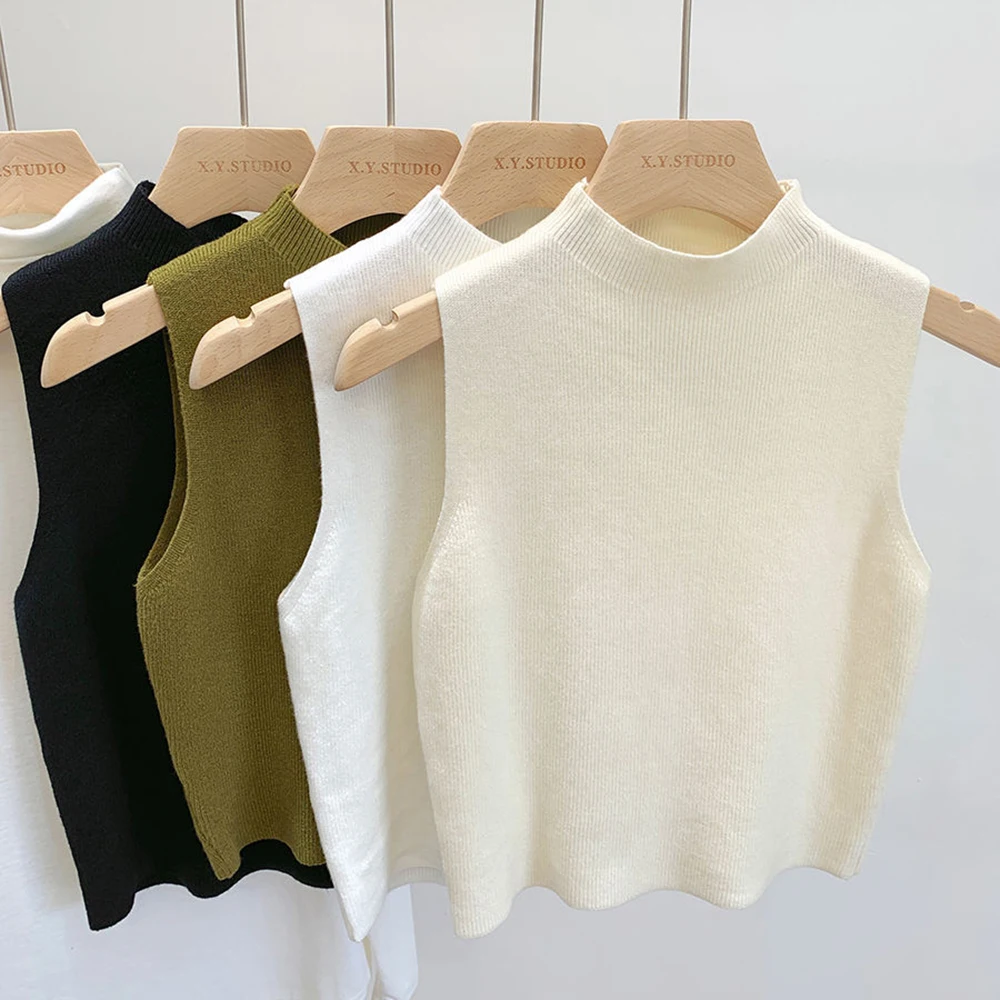 Top Trends: Korean Style Spring Autumn Temperament Knitted Sweater Vest Women's Half-turtleneck Camisole Cropped Top Sleeveless Tank Top Shoppable Styles