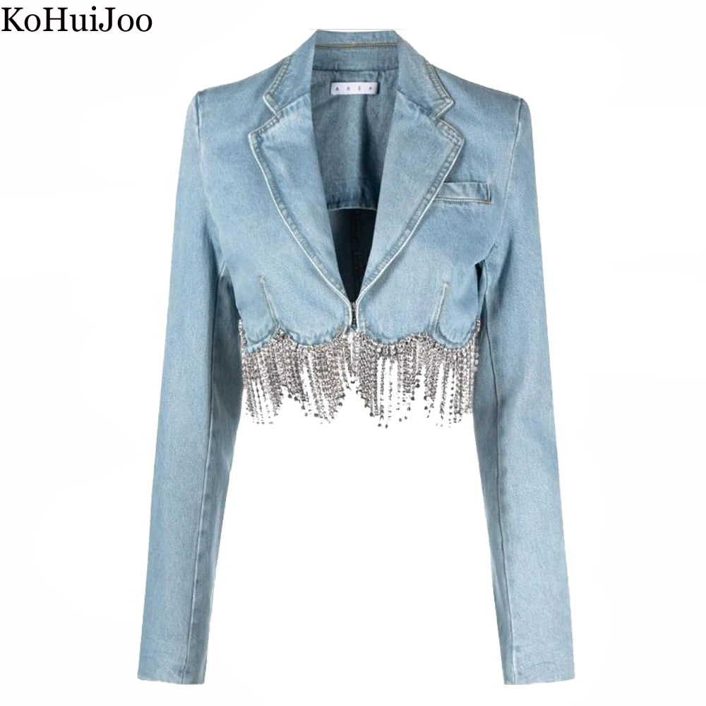 Top Trends: KoHuiJoo Spring Summer Rhinestone Denim Coat Women Long Sleeve Slim Short Jacket Retro Distress Fashion Tassel Jackets Ladies Shoppable Styles