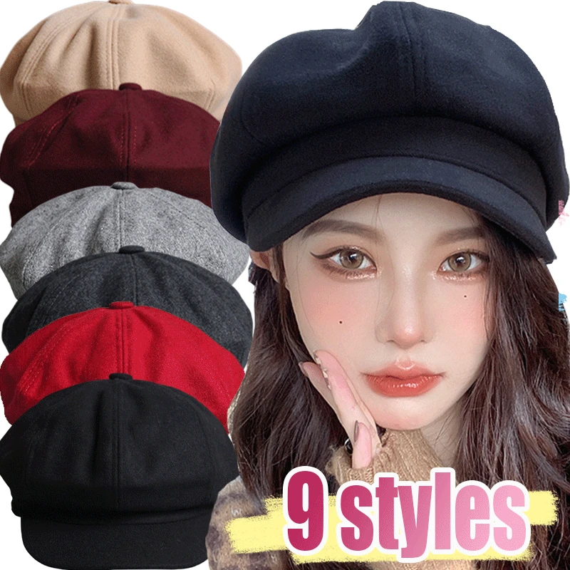 Top Trends: Women‘s Winter Vintage Woolen Berets Caps French Artist Warm Felt Hats Beret Female Solid Octagonal Hat Autumn Girl Newsboy Cap Shoppable Styles