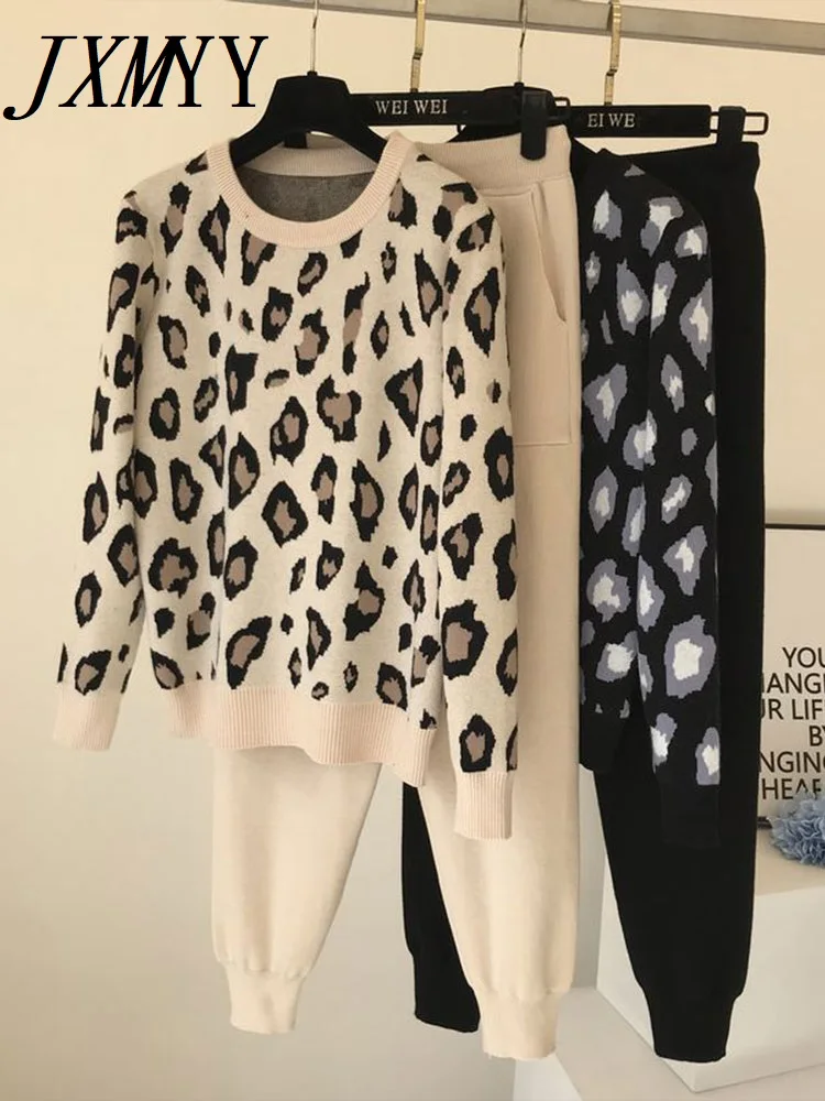 Top Trends: Streetwear Leopard Printed Knit Two Peice Suit Women Long Sleeve O-Neck Sweater Tops + Solid Color Harem Pants Casual Tracksuit Shoppable Styles