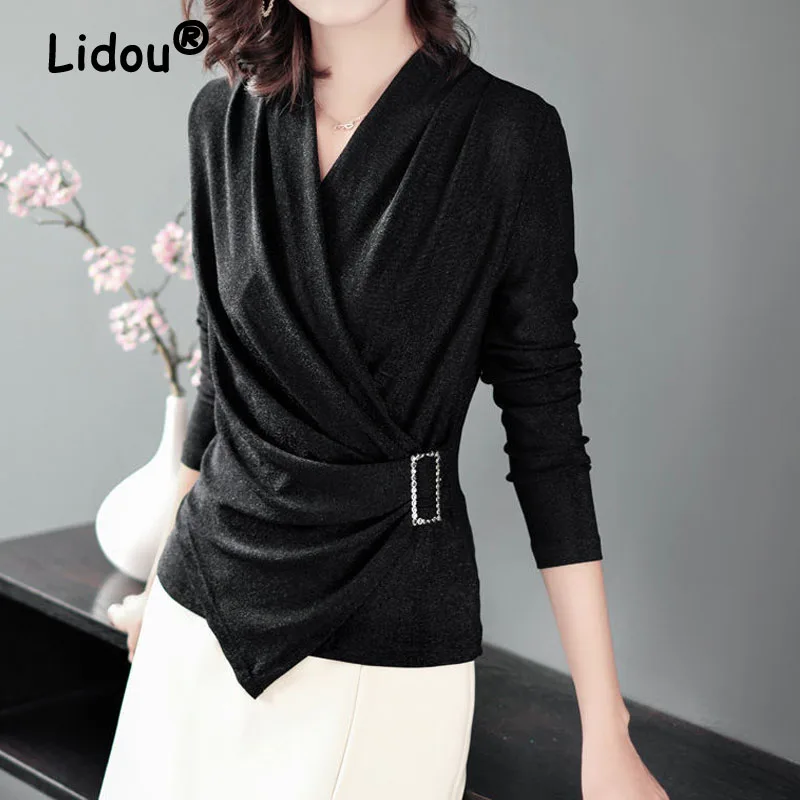 Top Trends: Office Lady Black Bright Silk Cross Connection V-Neck Blouse Versatile Temperament High Strecth Clothing Three Dimension Belt Shoppable Styles