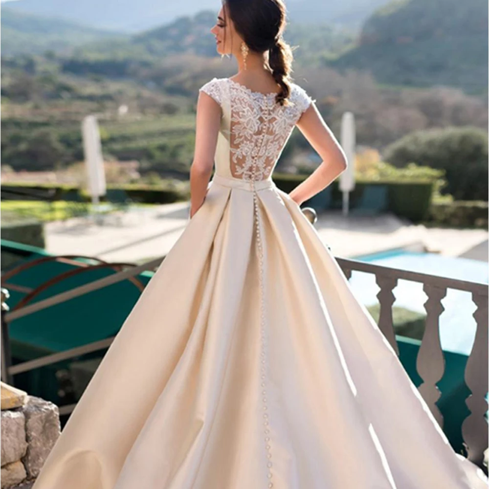 Top Trends: YEEH Plain Draped Satin A-Line Wedding Dress For Bride Princess Lace Back Robe De Soire Modern Cap Sleeves Vestido De Novia Shoppable Styles - Image 2