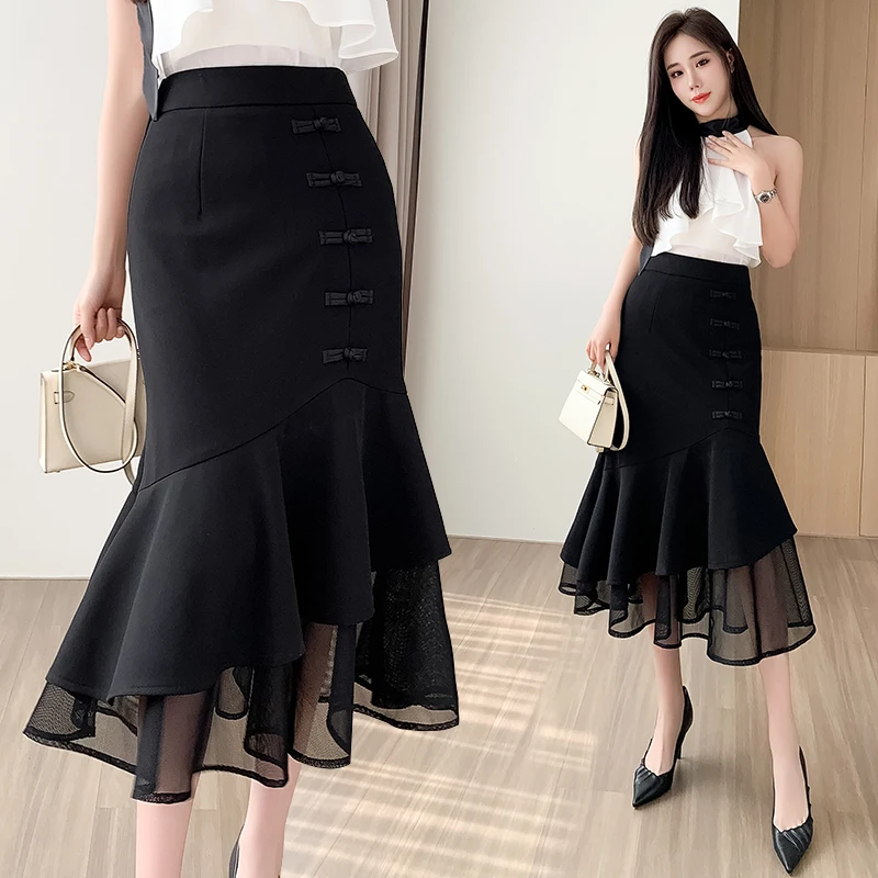 Top Trends: Fishtail Skirt Halfbody Skirt For Women Spring / Summer 2023 New High Waist Mid Length Irregular Mesh Splice Wrapped Hip Skirt Shoppable Styles