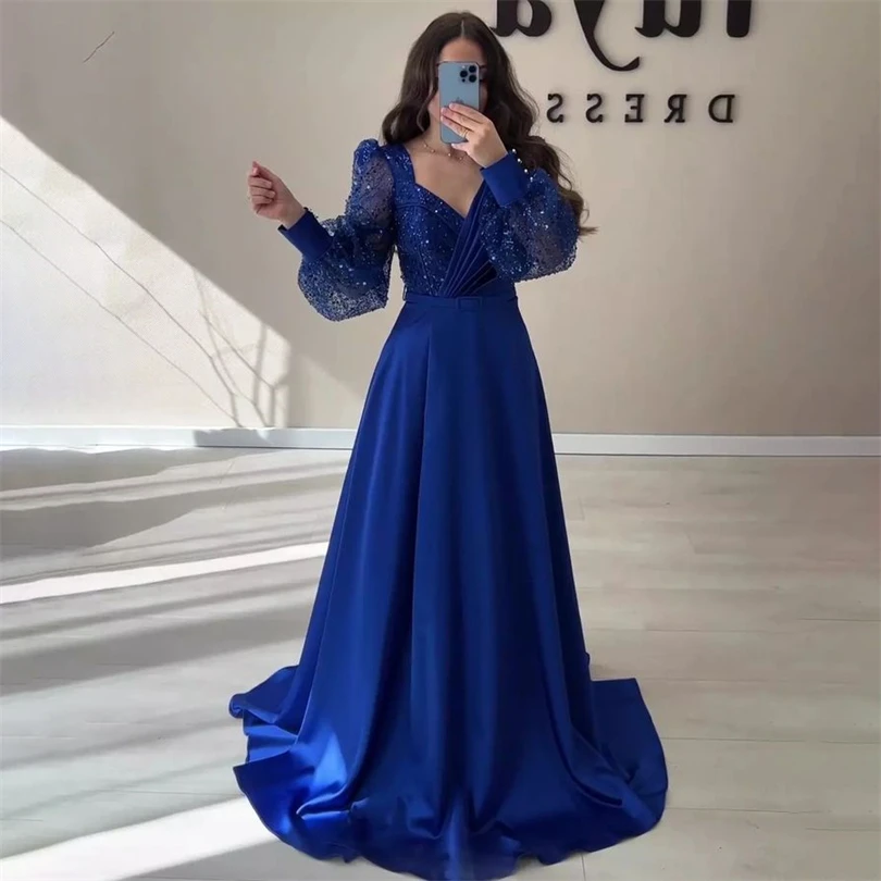 Top Trends: Royal Blue Glitter Evening Dresses Sparkly Puff Sleeves A-Line V-Neck Night Prom Dress Bride Formal Occasion Party Gowns 2023 Shoppable Styles