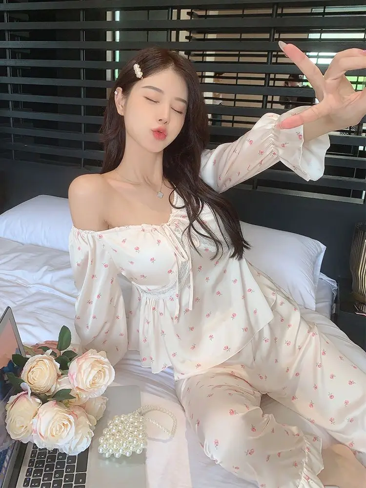 Top Trends: Pajamas Women Spring Ins Fashion Sexy Lace Bra With Pad Nightwear Female Soft Sweet Sleepwear Long Sleeve Pant Home Clothing Shoppable Styles