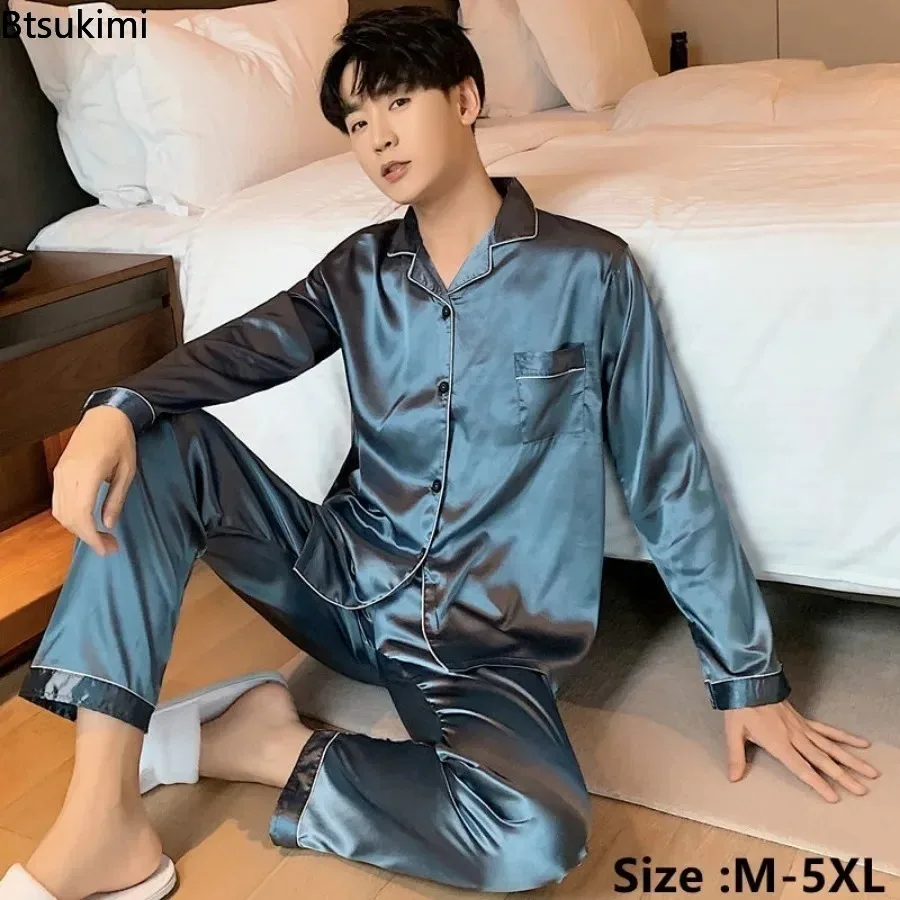 Top Trends: Men's Casual Pajamas Sets Oversized Silk Mens Pajama Pants Sets Satin Long Sleeve Sleepwear Home Pijama Night Wear Loungewear Shoppable Styles