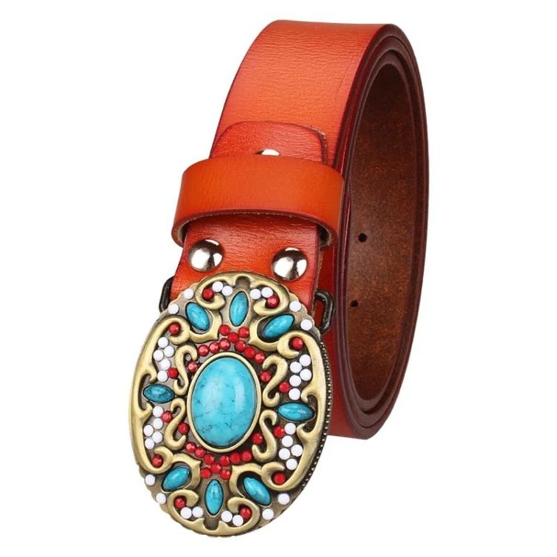 Top Trends: Fashion Women's Genuine Leather Belt Mosaic Gem Turquoise Belts Metal Buckle Arabesque Pattern Retro Lady Jeans Waistband Gift Shoppable Styles - Image 4