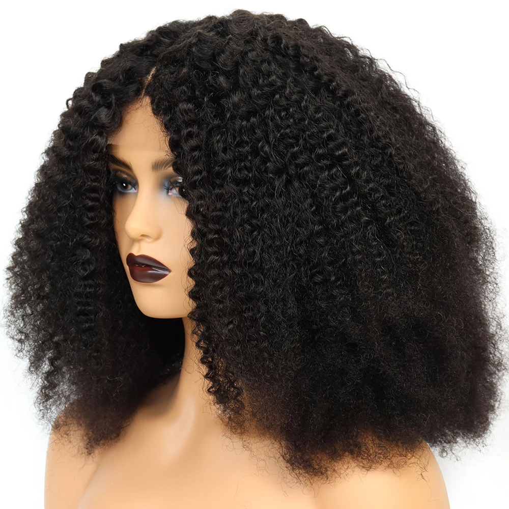 Top Trends: Afro Kinky Curly Middle Part Wig Lace Closure Human Hair Wigs Full Natural Color 4*4 Lace Wig 180% Peruvian Remy Curly Hair Wig Shoppable Styles