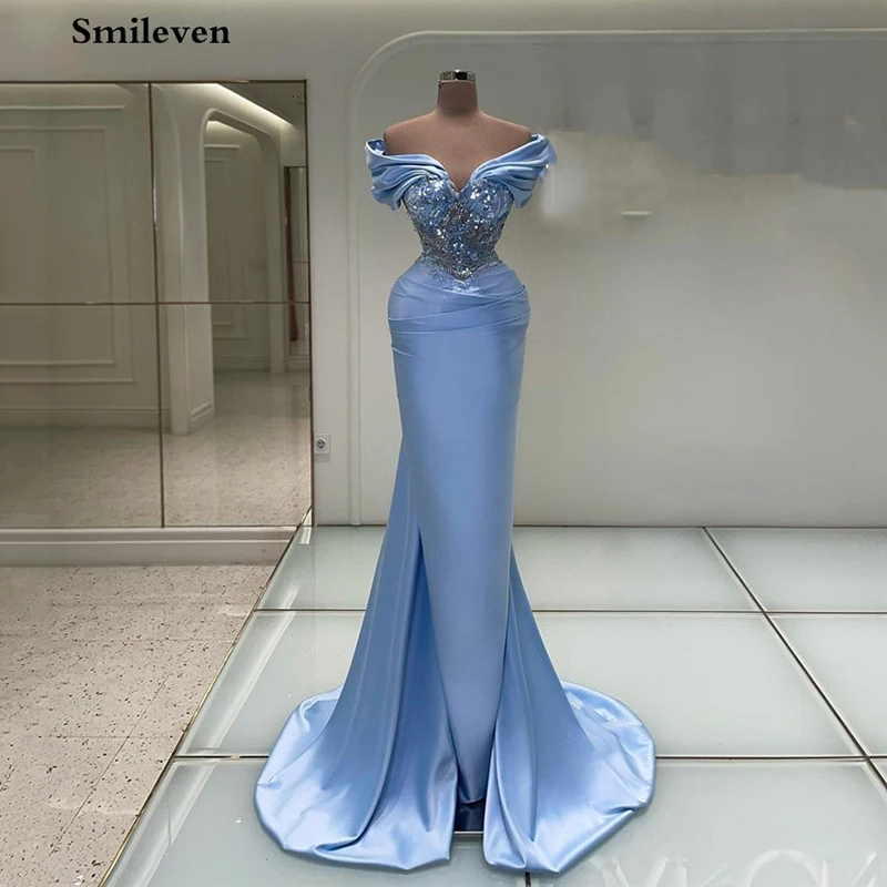 Top Trends: Smileven Sky Blue Mermaid Evening Dresses Off The Shoulder Sequins Prom Dress Saudi Arabia Modern Side Split Party Dress 2023 Shoppable Styles