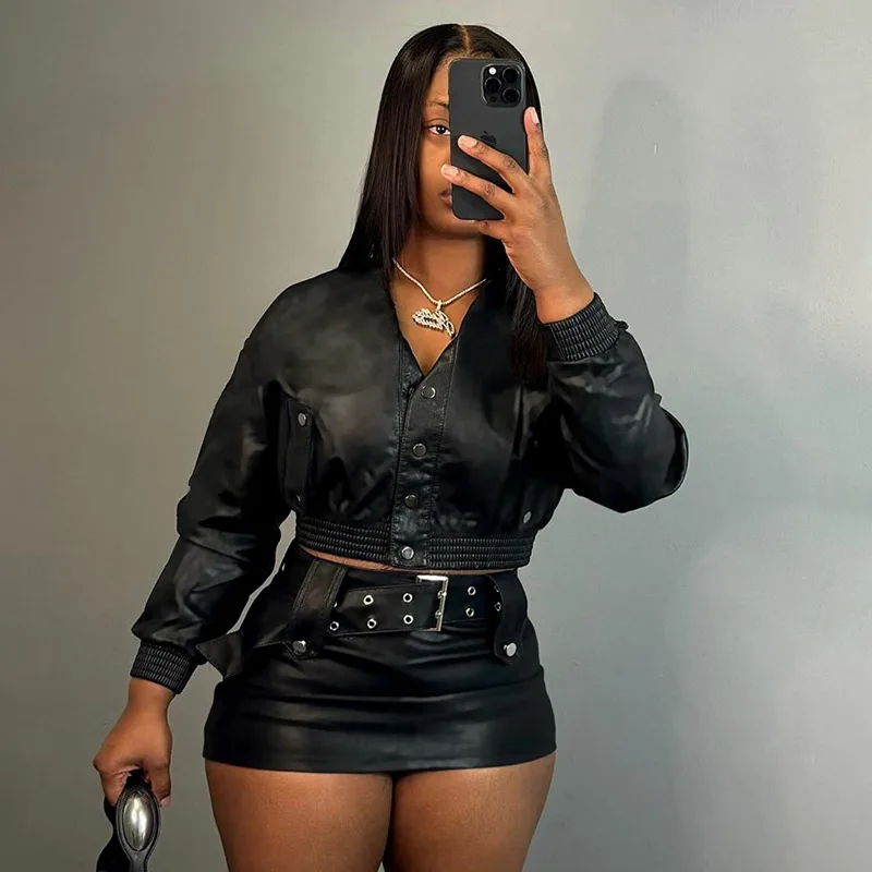 Top Trends: Women Y2K Black PU Leather 2 Piece Set Stand Collar Long Sleeve Single Breasted Jackets Crop Tops Blet Mini Skirts Streetwear Shoppable Styles