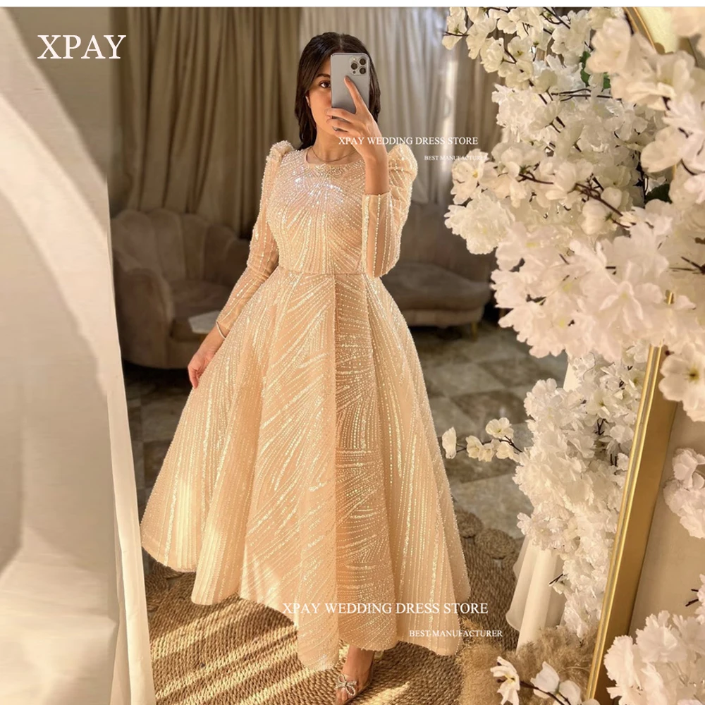 Top Trends: XPAY Sparkly Glitter Lace Muslim Dubai Arabic Women Evening Dresses Kaftan O-Neck Long Sleeves Formal Party Occasion Dress Shoppable Styles