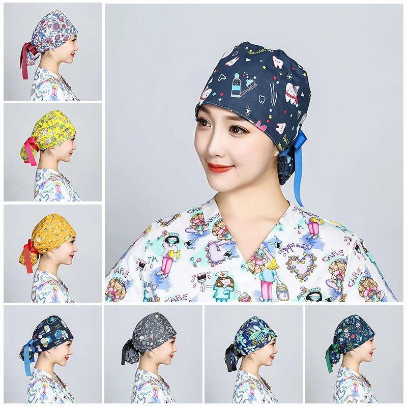 Top Trends: Printed Surgical Cap Scrub Cotton With Button Doctor Wrap Long Hair Adjustable Lace-up Women Beauty Care Hospital Accessories Shoppable Styles