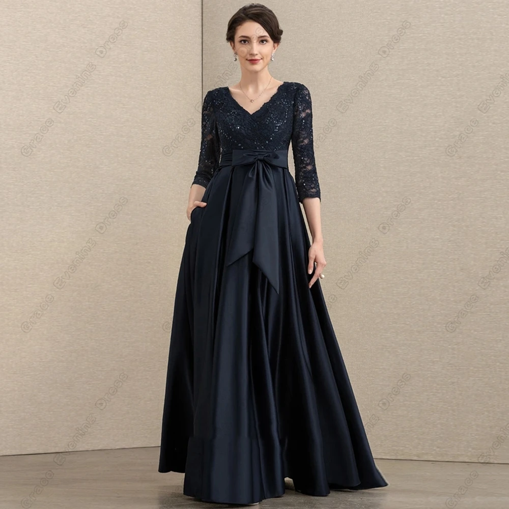 Top Trends: Navy Blue Mother Of Bride Dresses Three Quarter Satin Wedding Party Dresses With Lace 2023 Summer Sequined Big Bow Vestidos De Shoppable Styles